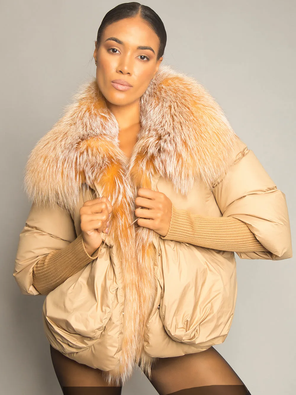 Fur Trim Puffer Jacket in Tan