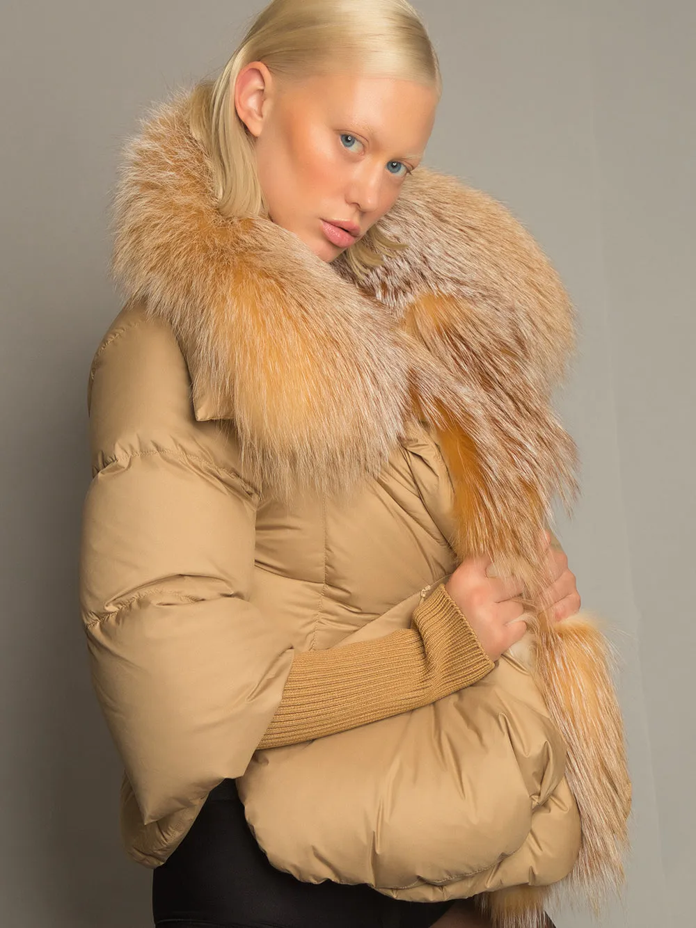 Fur Trim Puffer Jacket in Tan