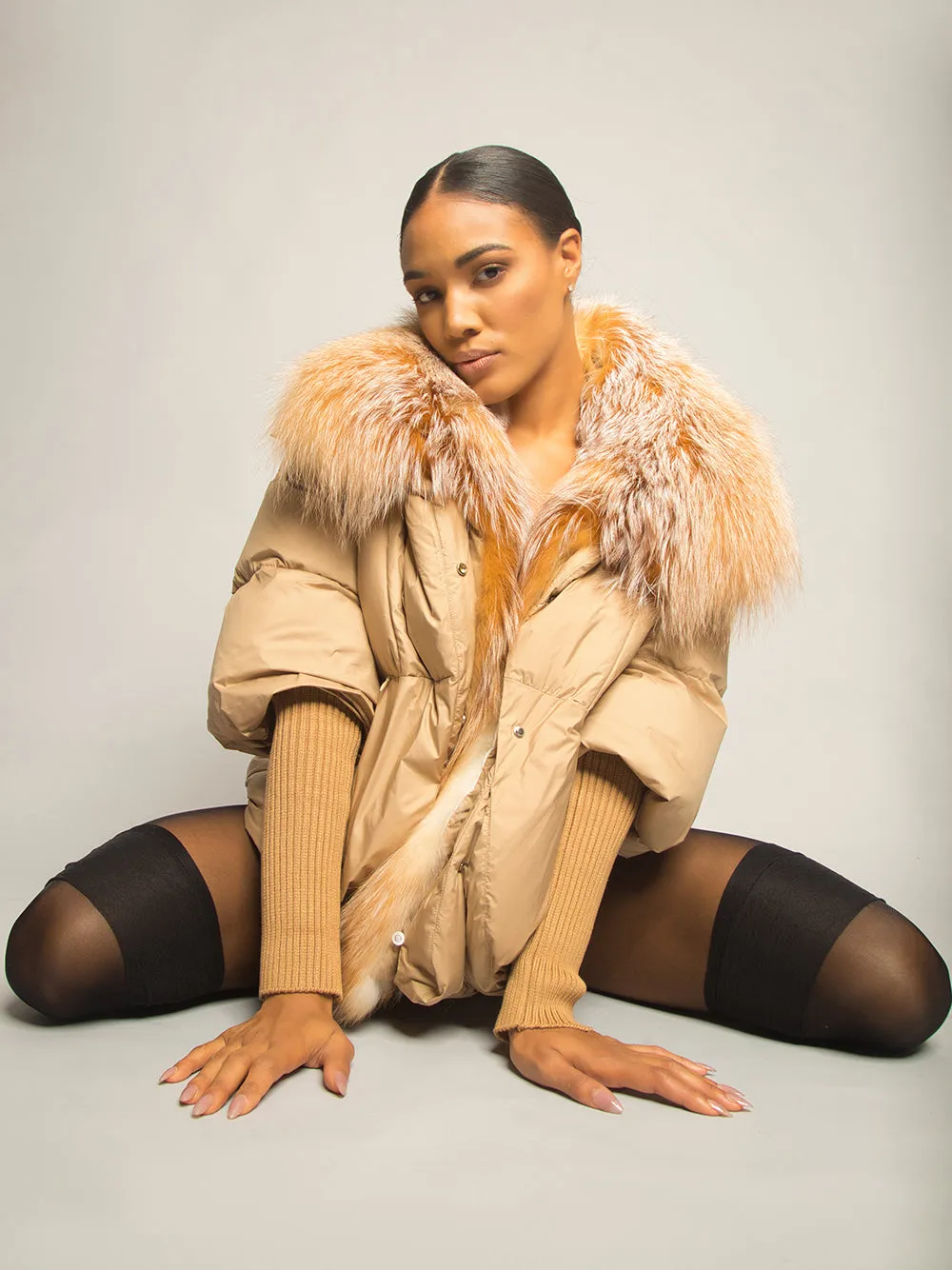Fur Trim Puffer Jacket in Tan