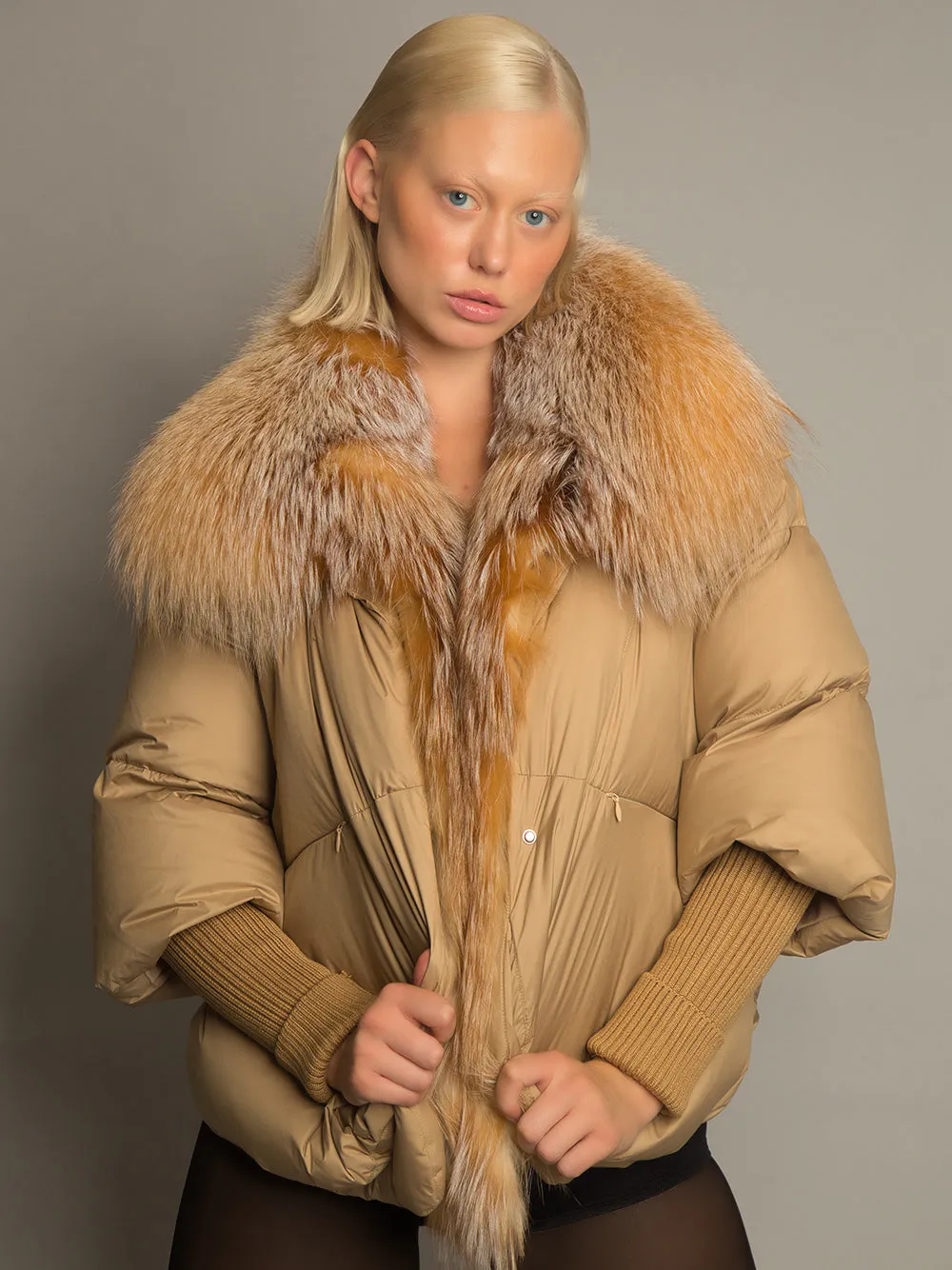 Fur Trim Puffer Jacket in Tan