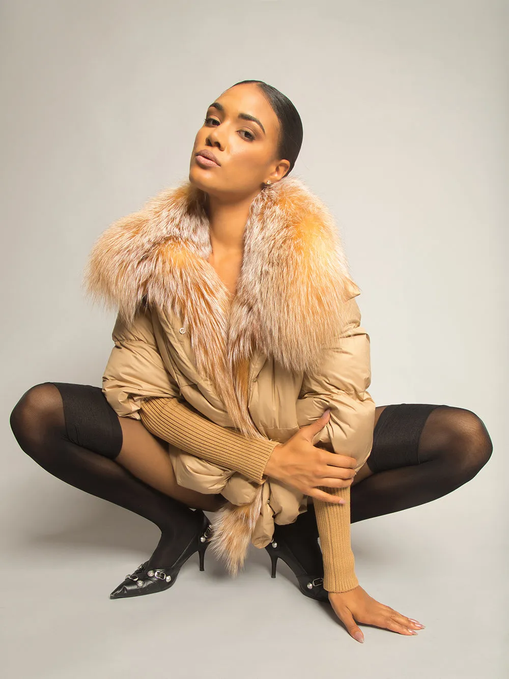 Fur Trim Puffer Jacket in Tan