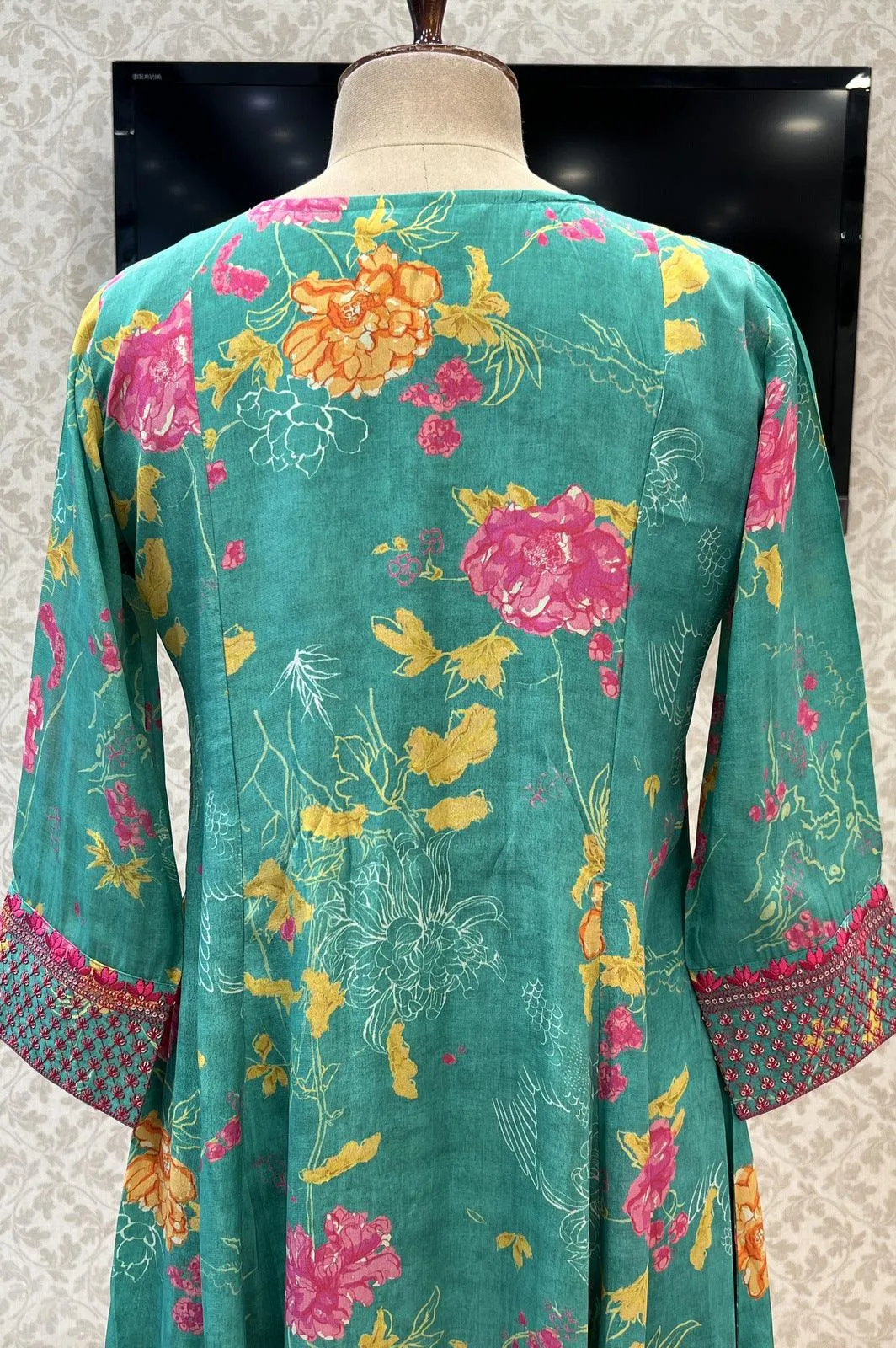 Green Floral Print with Embroidery work Long Kurti
