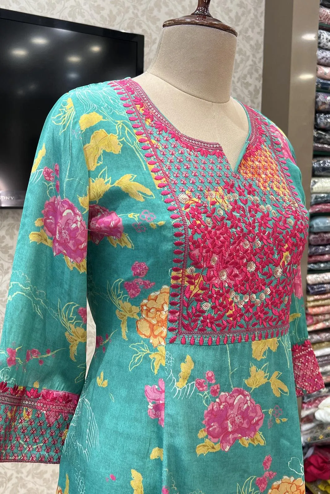 Green Floral Print with Embroidery work Long Kurti