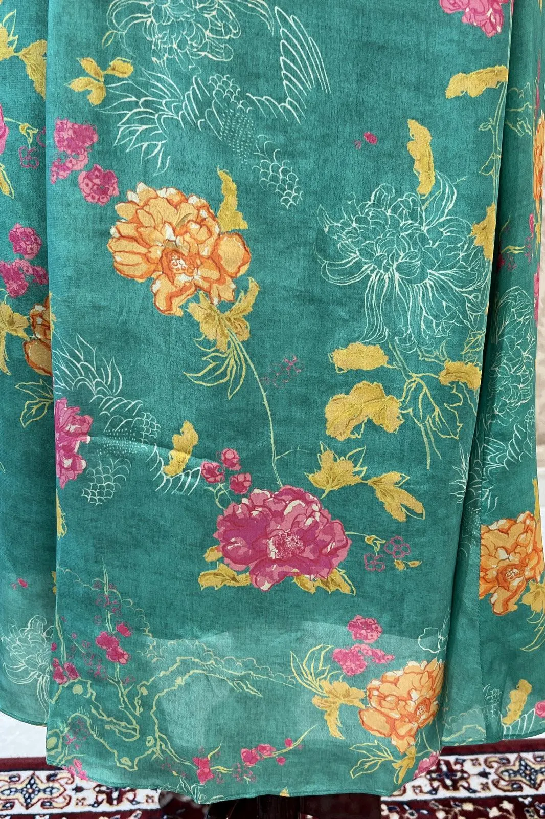 Green Floral Print with Embroidery work Long Kurti