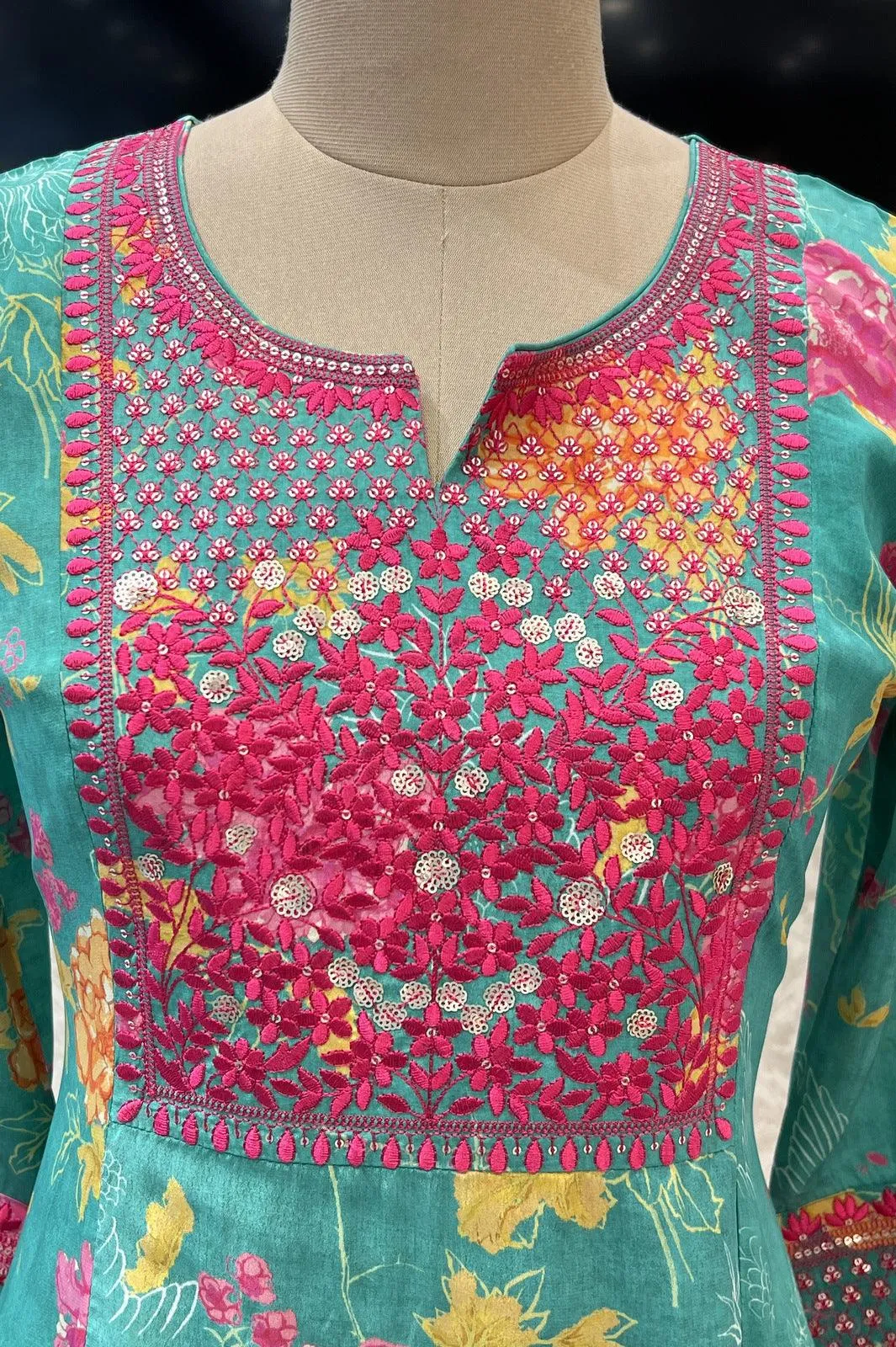 Green Floral Print with Embroidery work Long Kurti