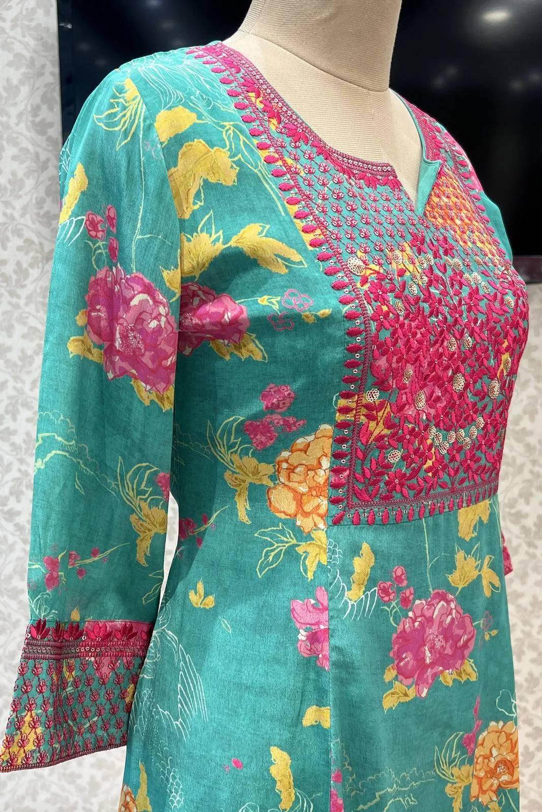 Green Floral Print with Embroidery work Long Kurti
