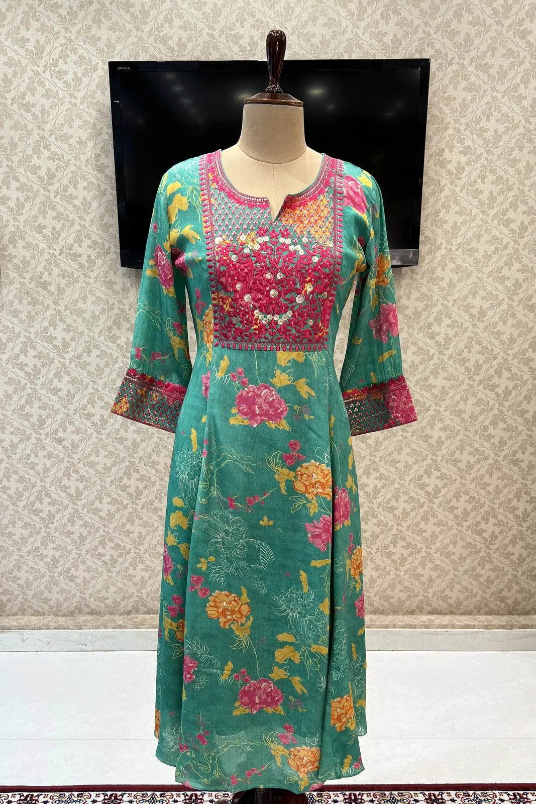Green Floral Print with Embroidery work Long Kurti