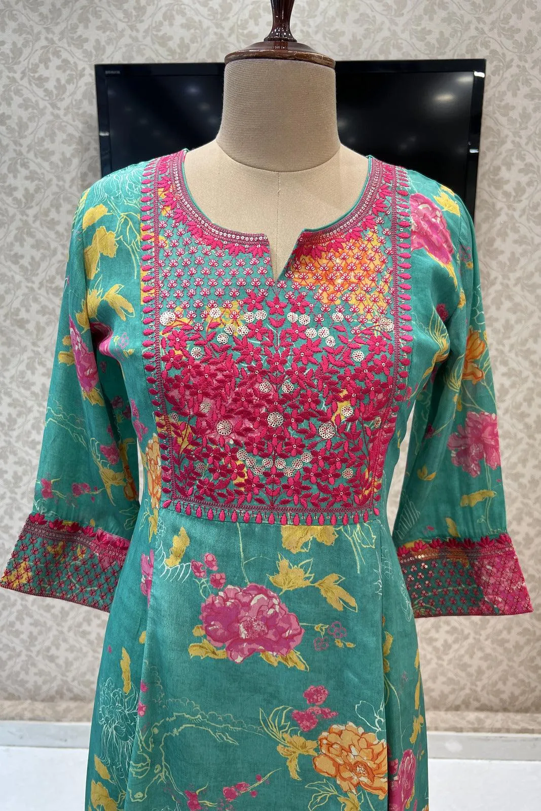 Green Floral Print with Embroidery work Long Kurti