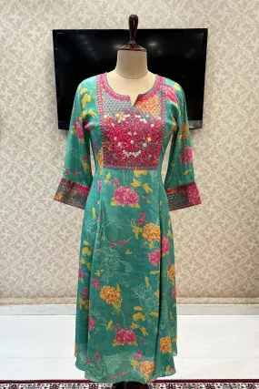 Green Floral Print with Embroidery work Long Kurti