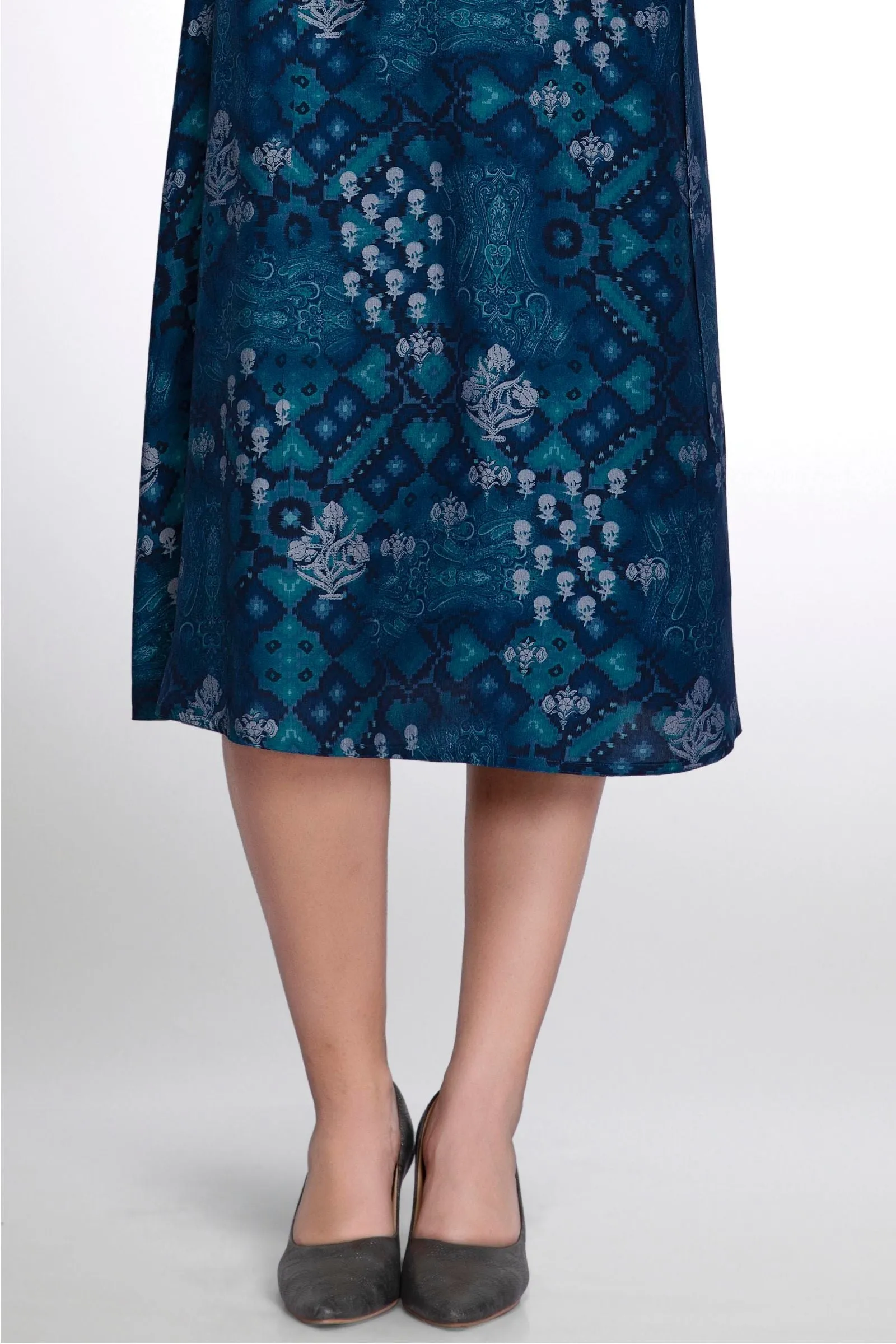 Indigo Blue Digital Print, Thread and Mirror work Anarkali Styled Kurti