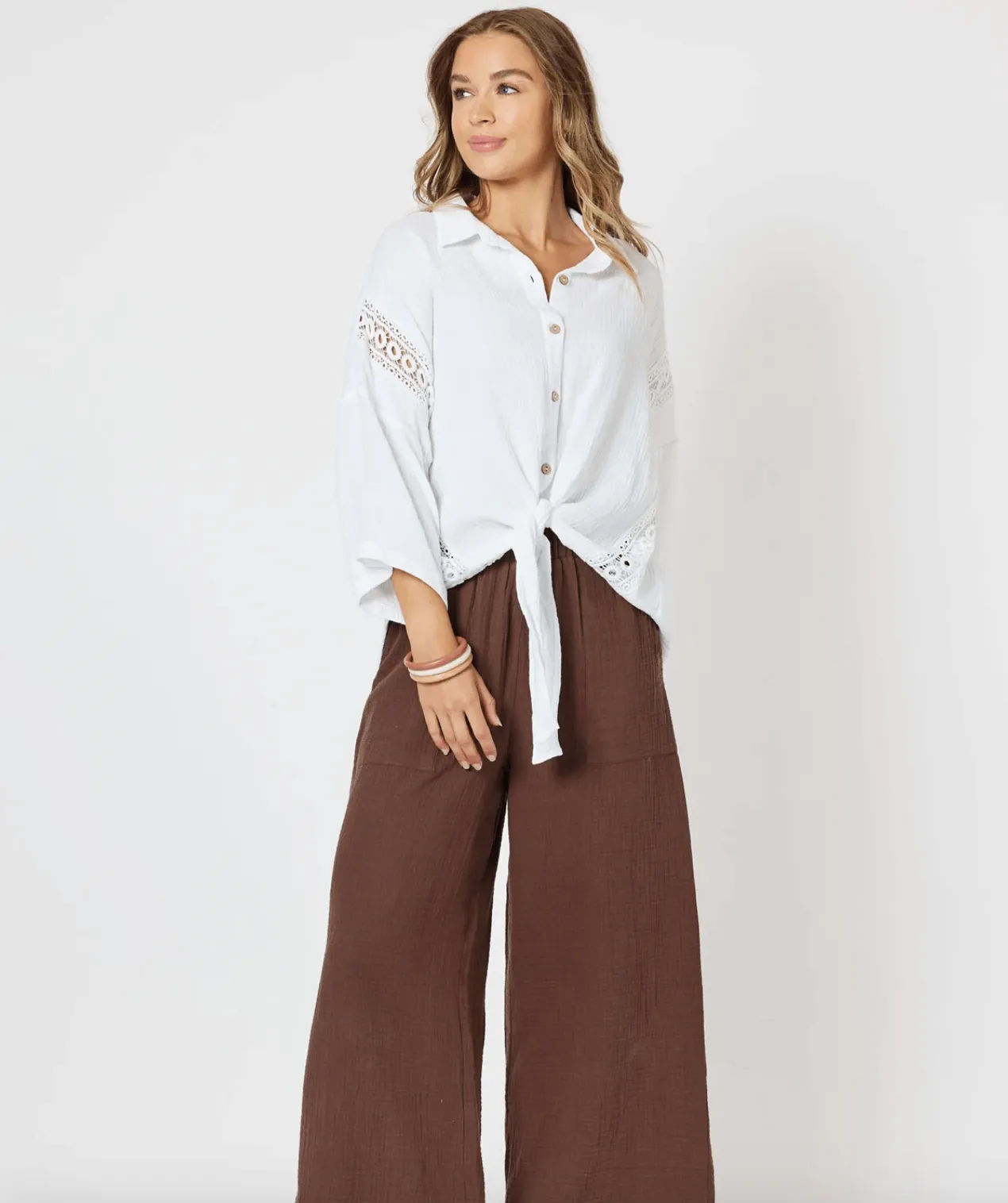 Lace Sleeve Front Tie Shirt