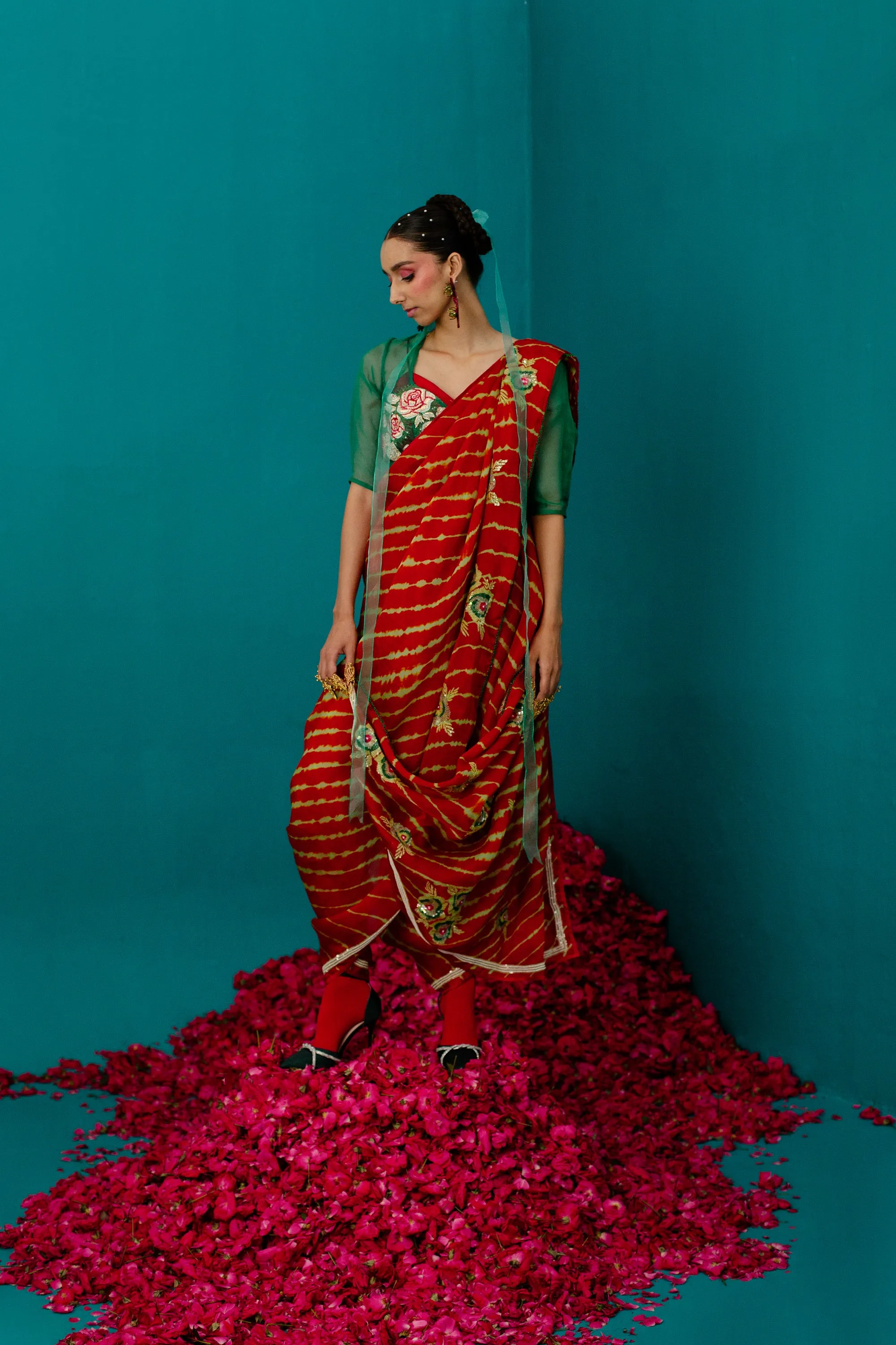 Leharia Sequence Rose Orange Saree