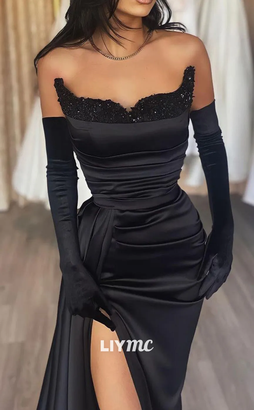 LP2029 - V-Neck Long Sleeves Sleek Satin Fitted High Slit Prom Dress