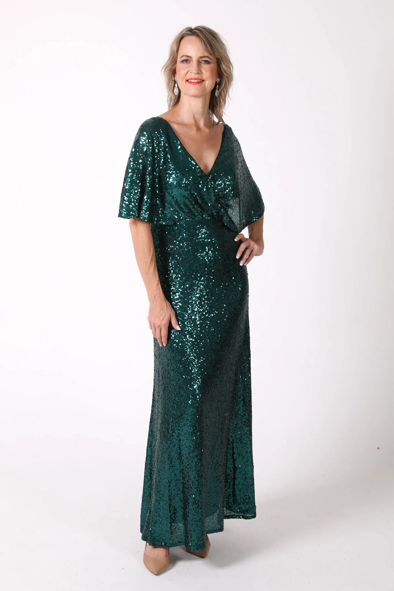 Martha Butterfly-Sleeve Sequin Maxi Dress - Emerald Green