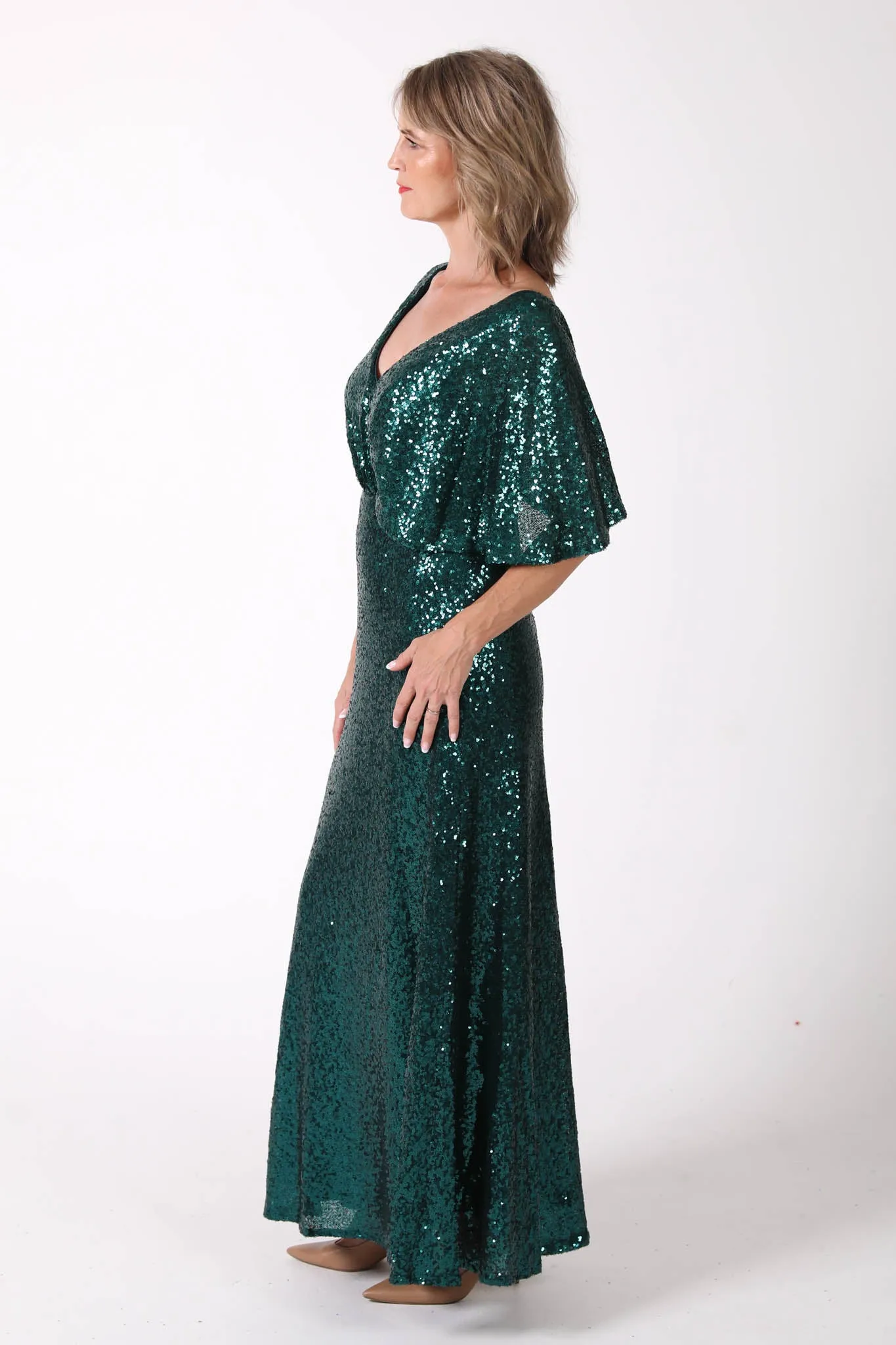 Martha Butterfly-Sleeve Sequin Maxi Dress - Emerald Green