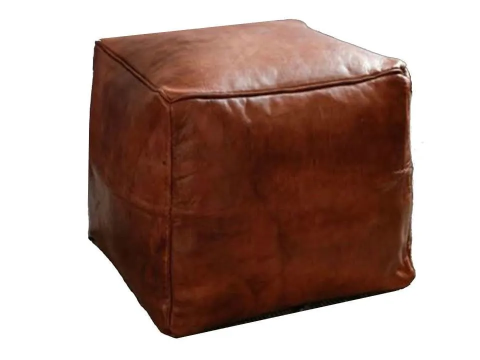 Moroccan Leather Pouf / Ottoman - Square - Brown Caramel - Sylia