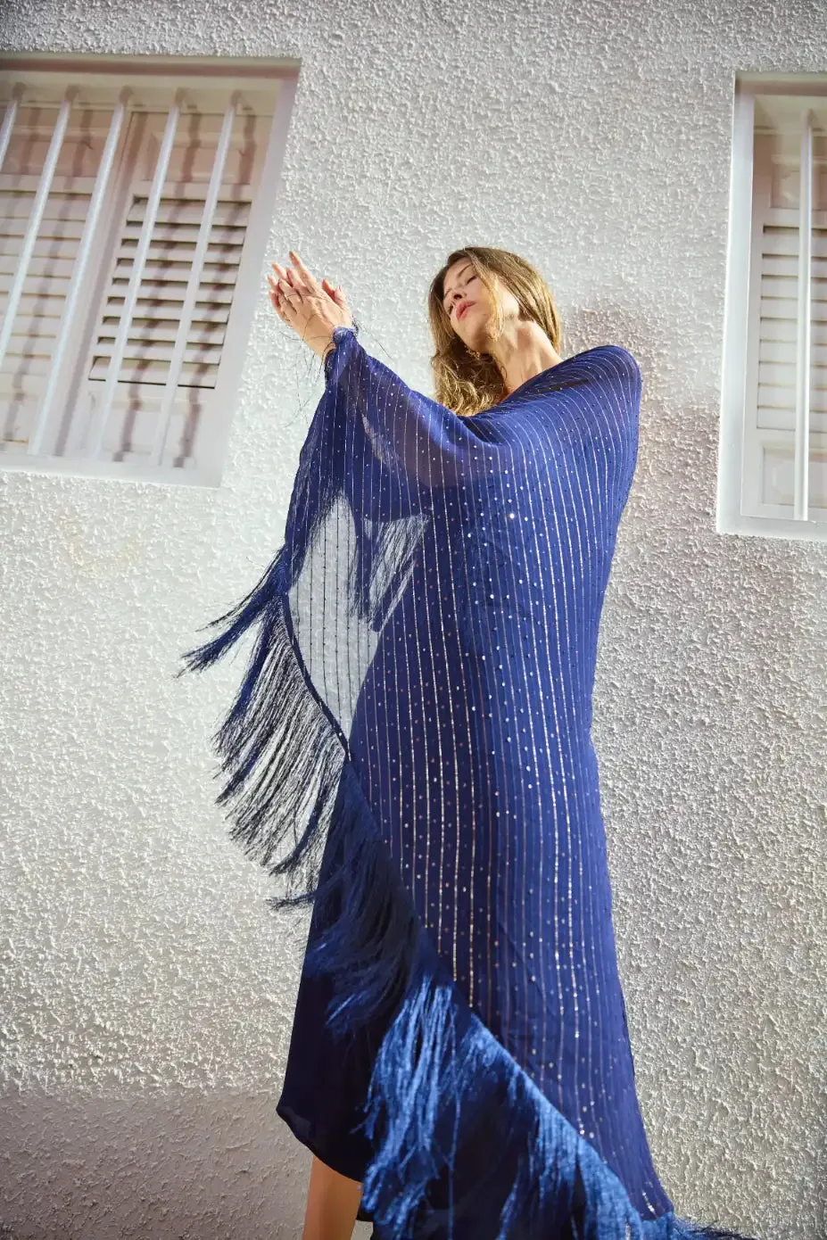 Navy One Shoulder Cape Dress