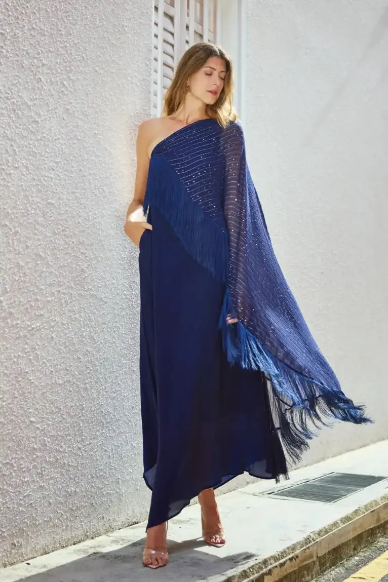 Navy One Shoulder Cape Dress