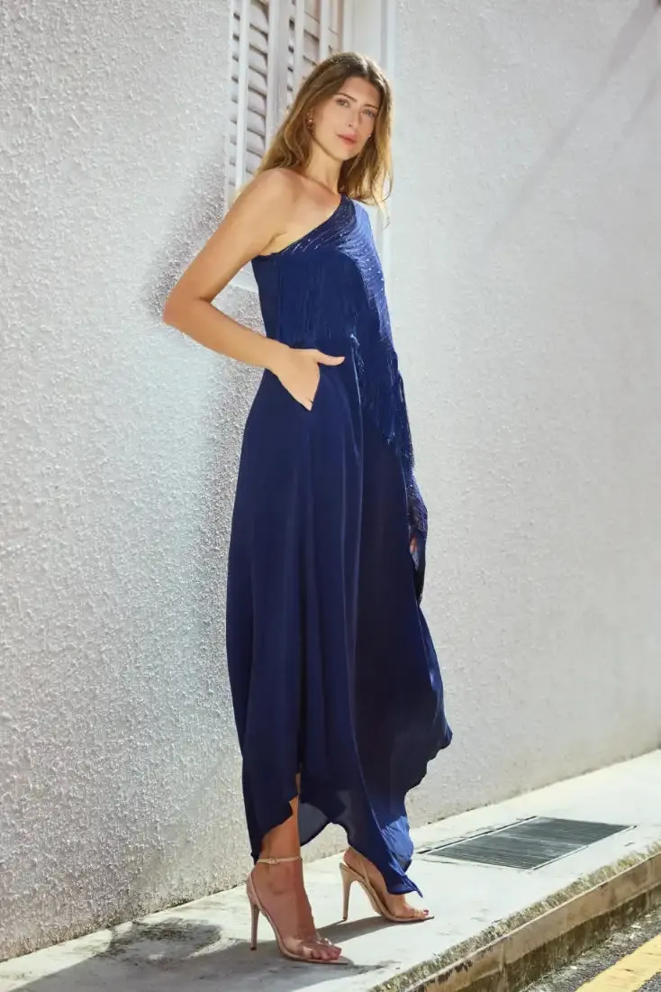 Navy One Shoulder Cape Dress