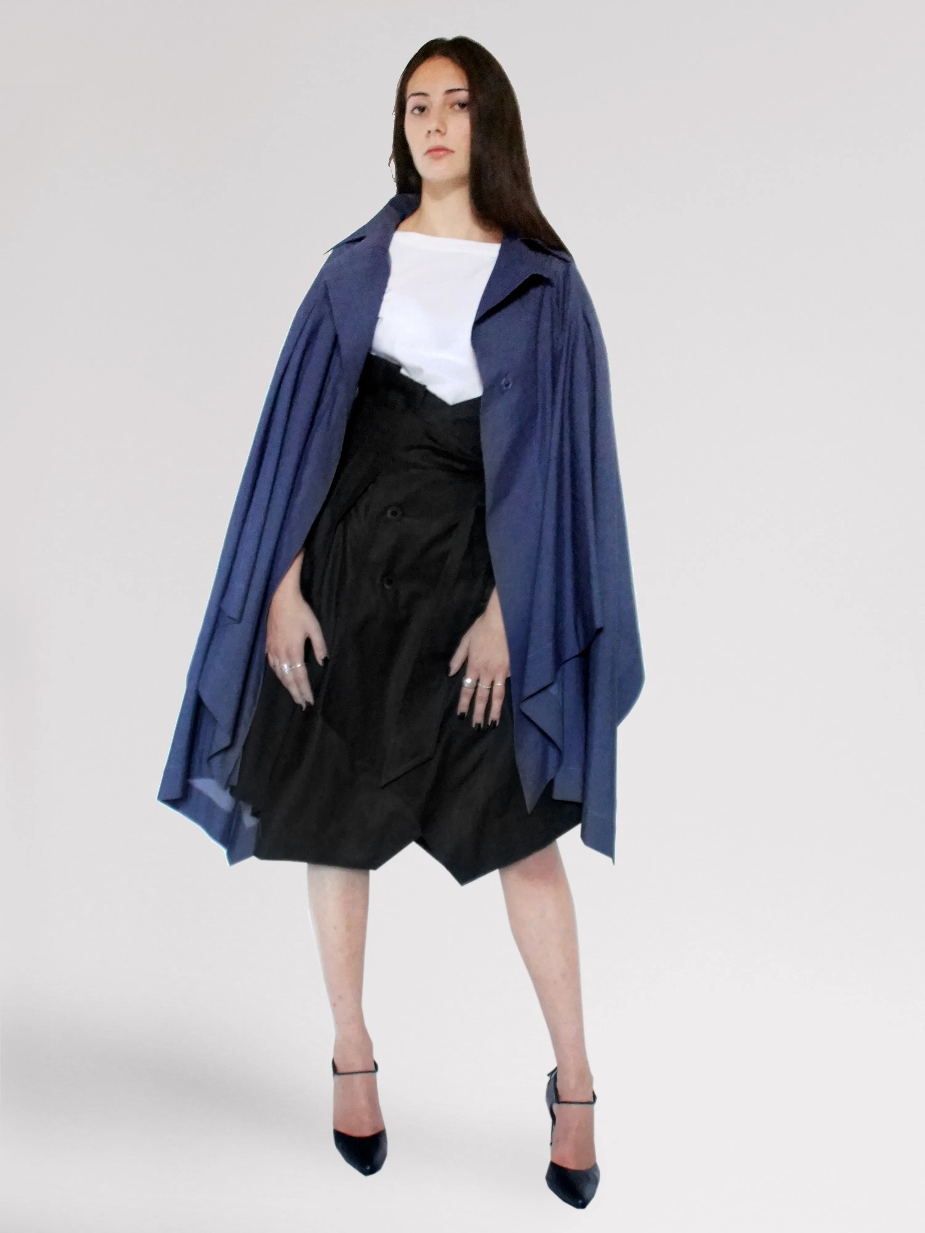Origami Stain Collar Light Denim Cape / Navy