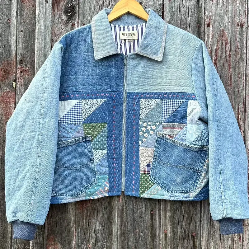 Quilted Denim Jacket with Love Bird Applique