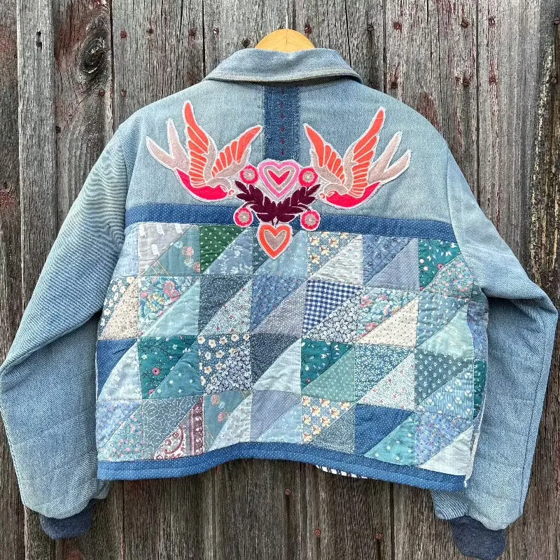 Quilted Denim Jacket with Love Bird Applique