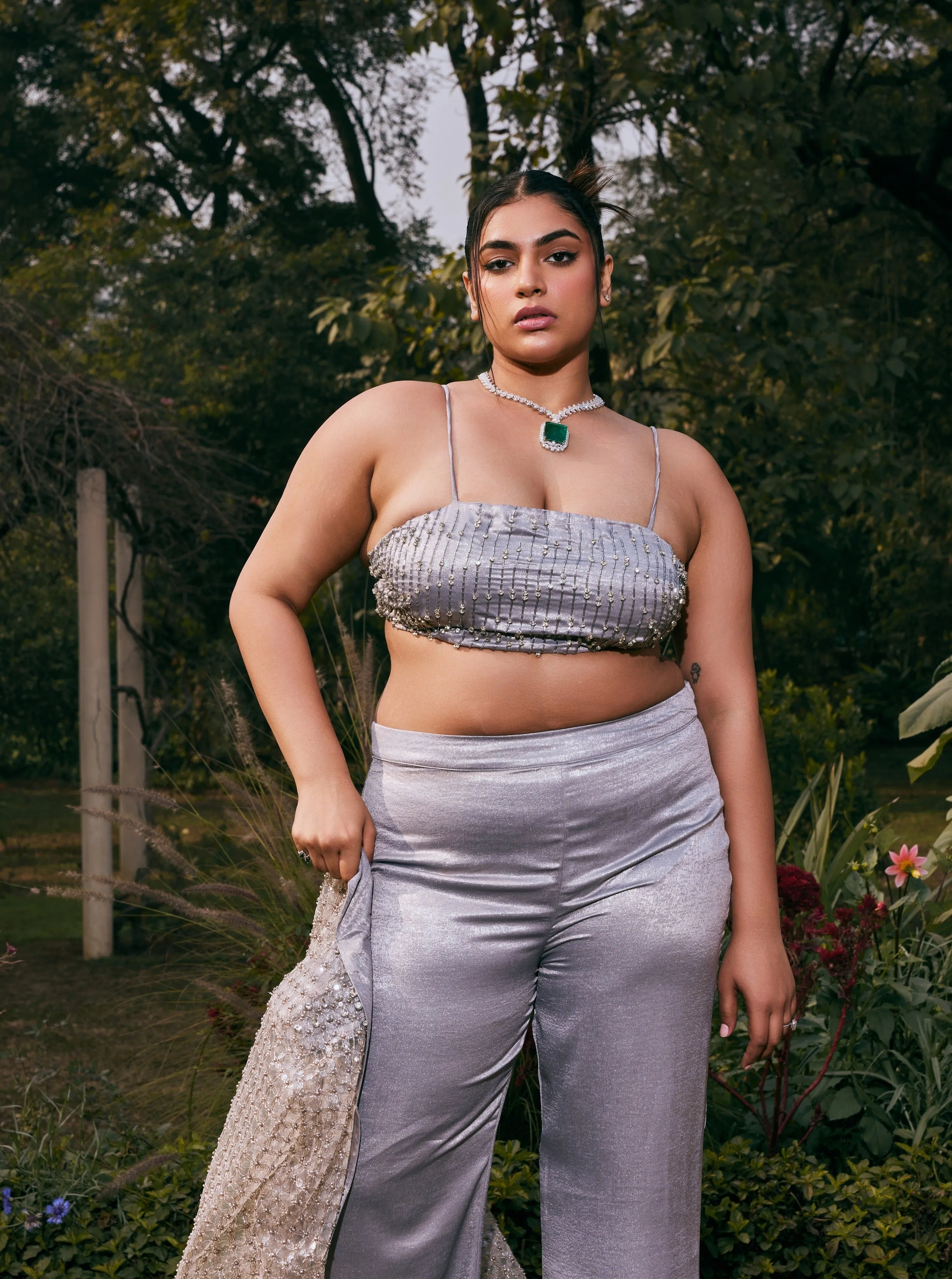 Safa Grey Shimmer Satin Hand-Embroidered Coord Set