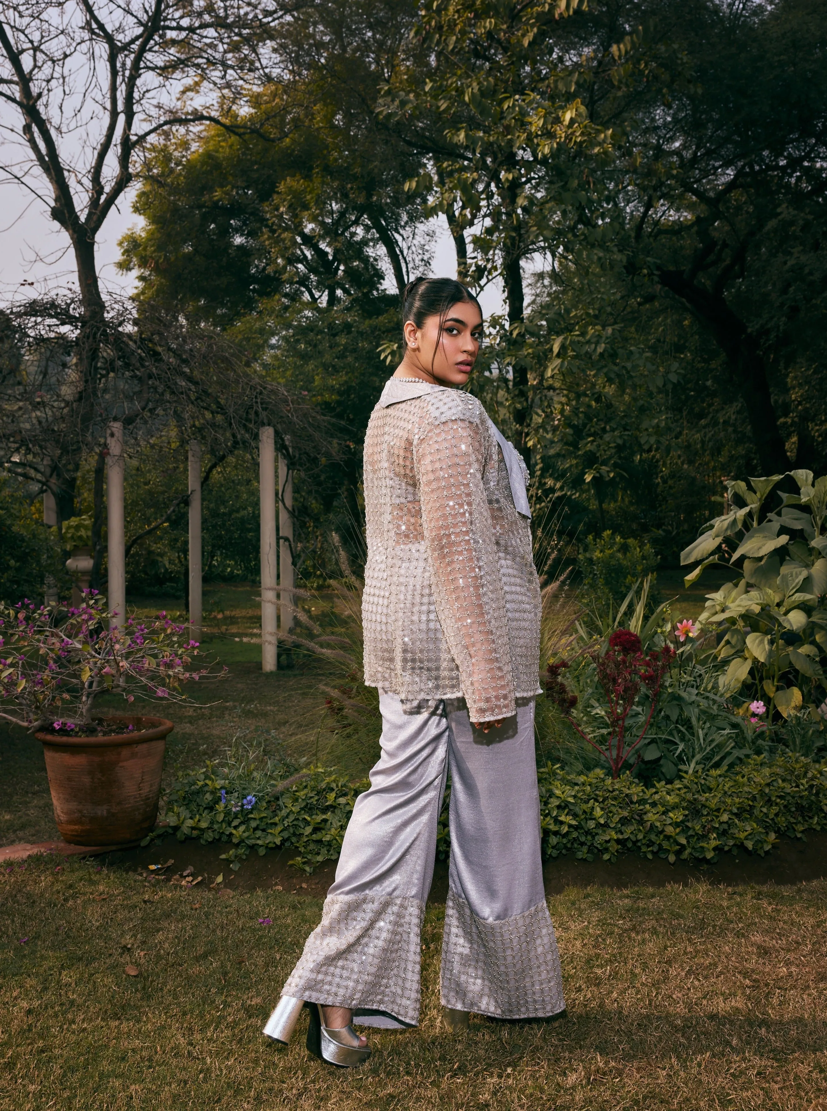 Safa Grey Shimmer Satin Hand-Embroidered Coord Set