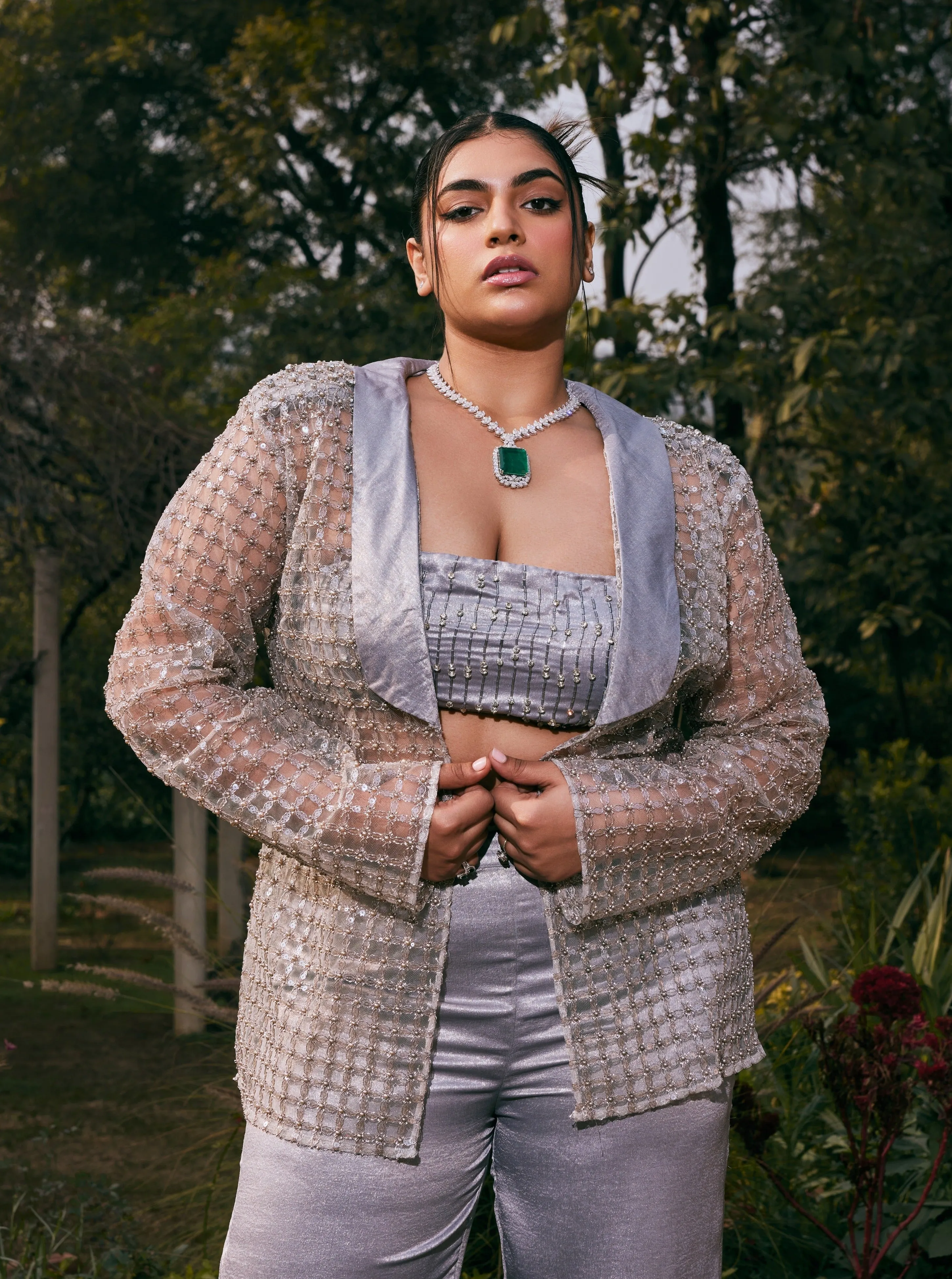 Safa Grey Shimmer Satin Hand-Embroidered Coord Set
