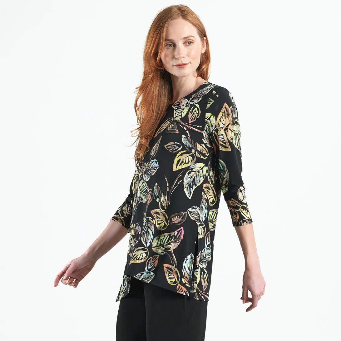 Side Vent Kerchief Hem Tunic - Leaf Colorburst