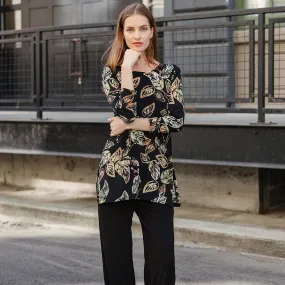 Side Vent Kerchief Hem Tunic - Leaf Colorburst