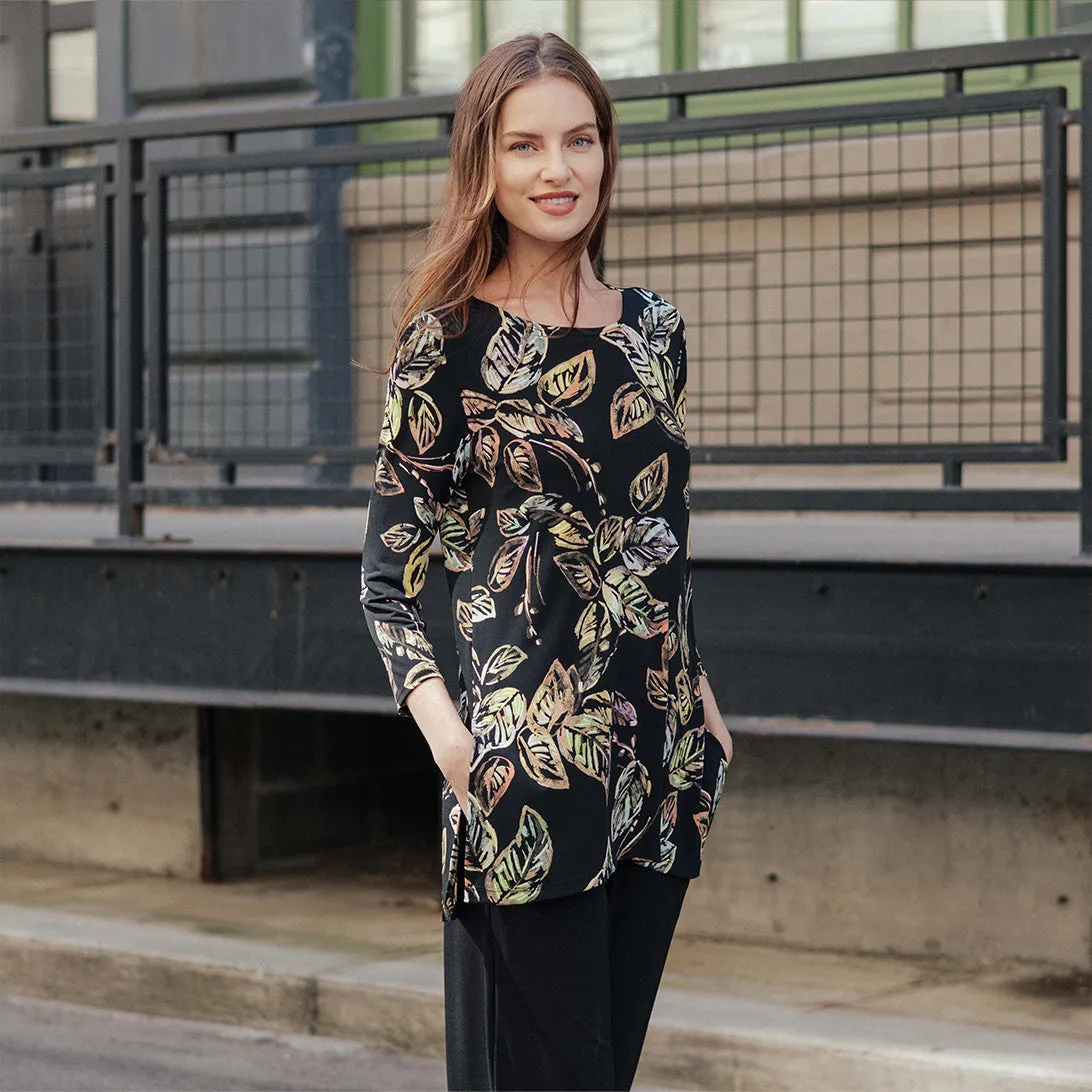 Side Vent Kerchief Hem Tunic - Leaf Colorburst