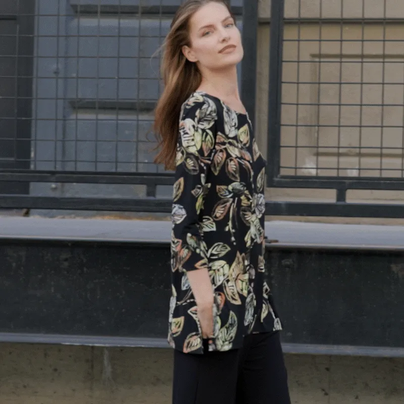 Side Vent Kerchief Hem Tunic - Leaf Colorburst