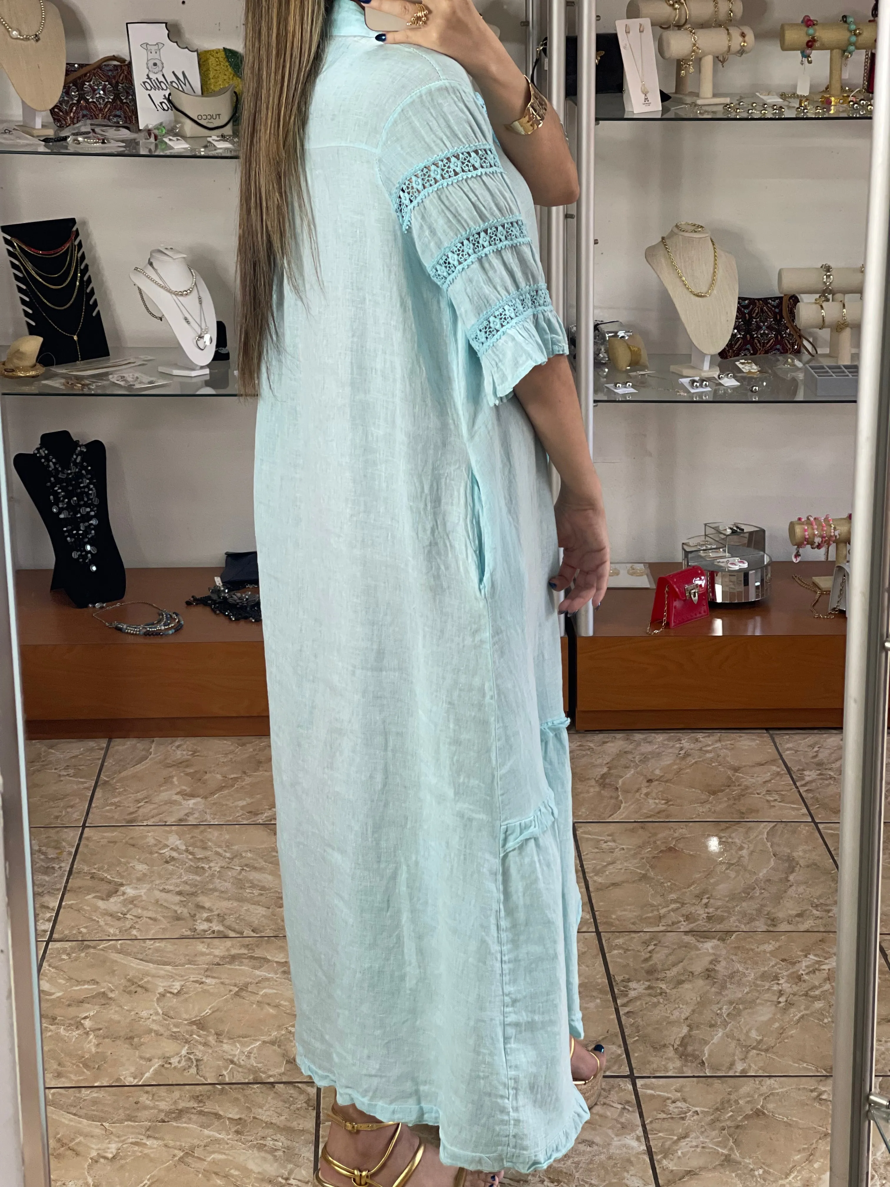 Sleeves Details Linen Maxi Dress