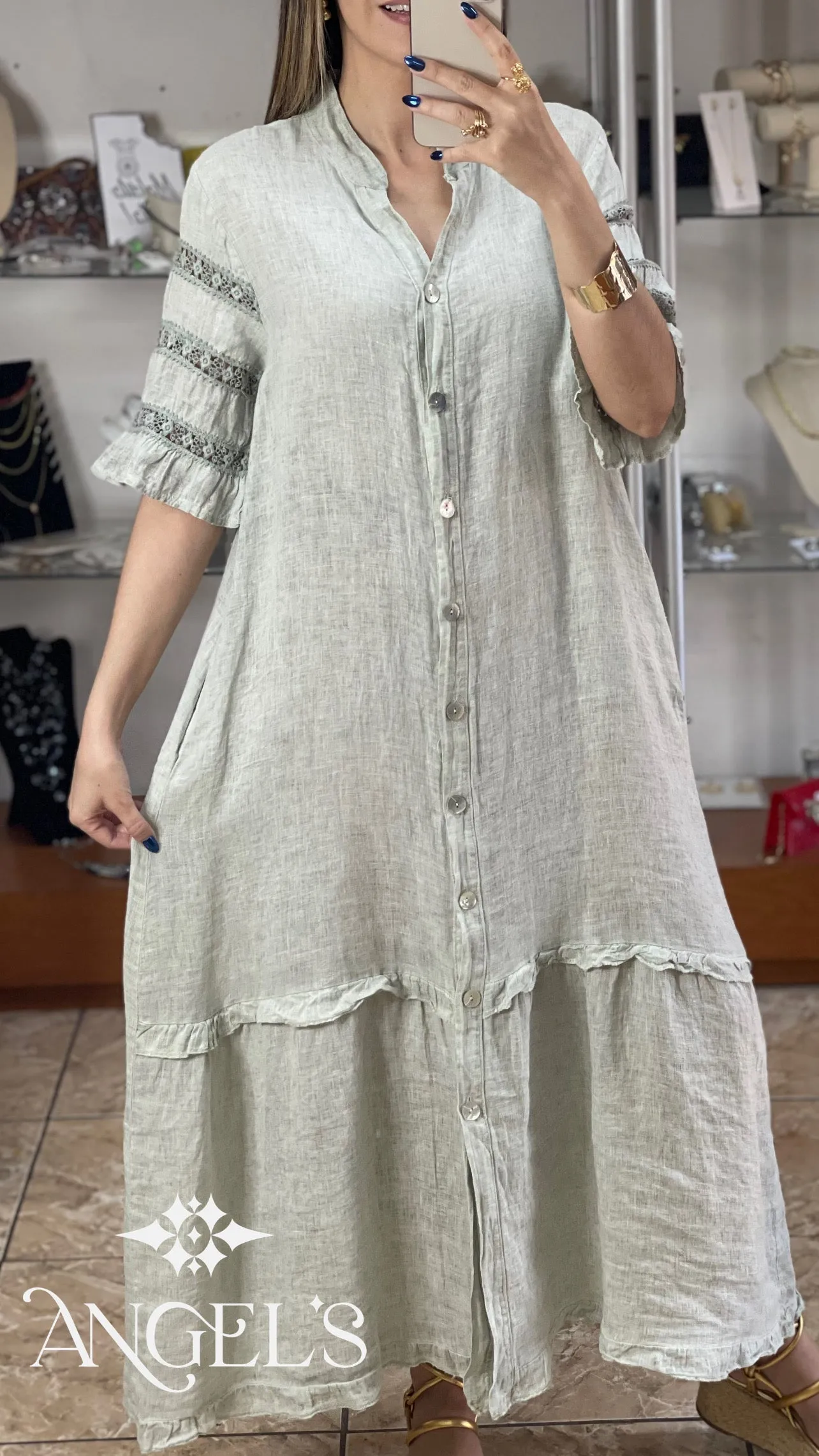 Sleeves Details Linen Maxi Dress