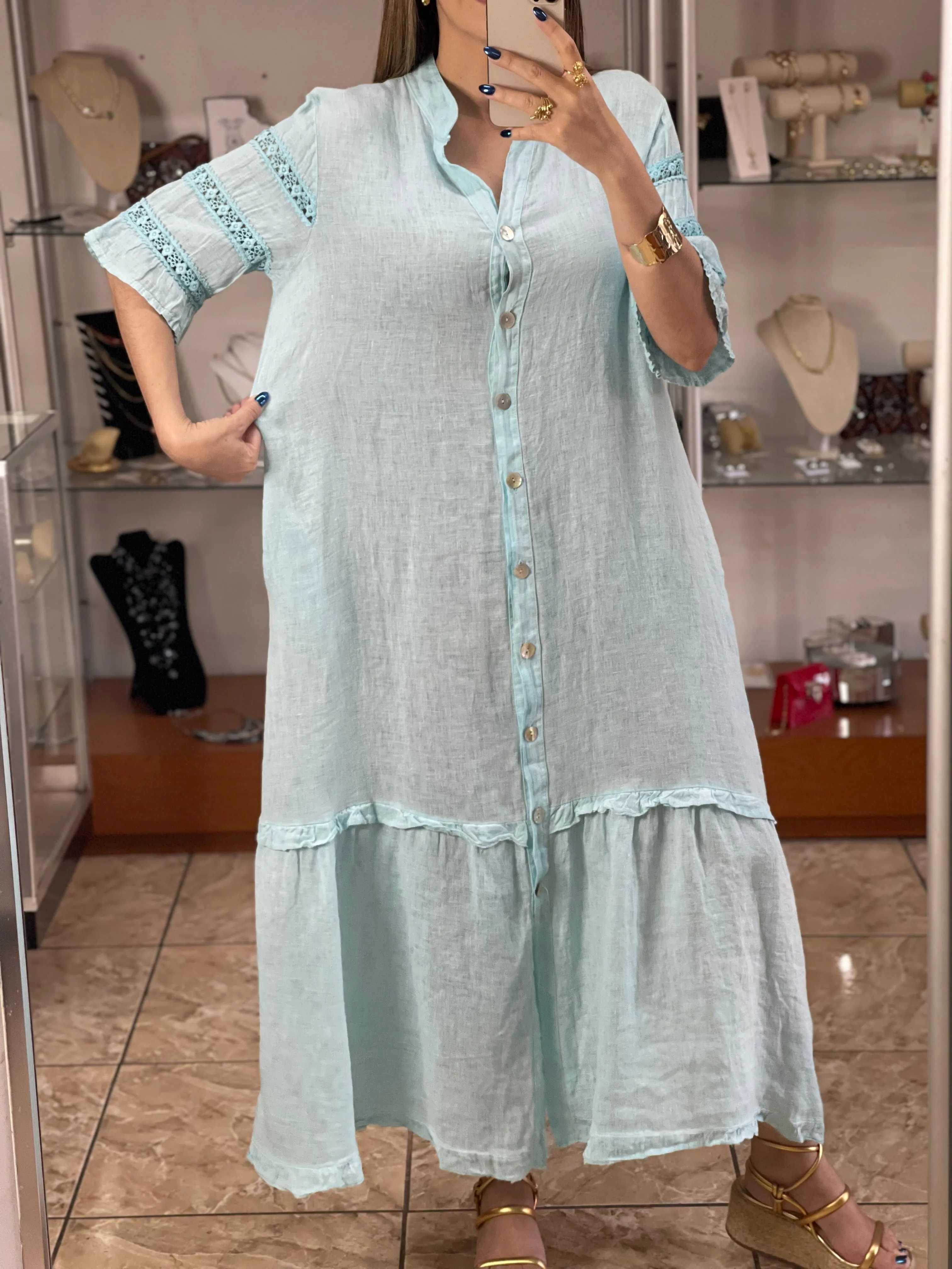 Sleeves Details Linen Maxi Dress