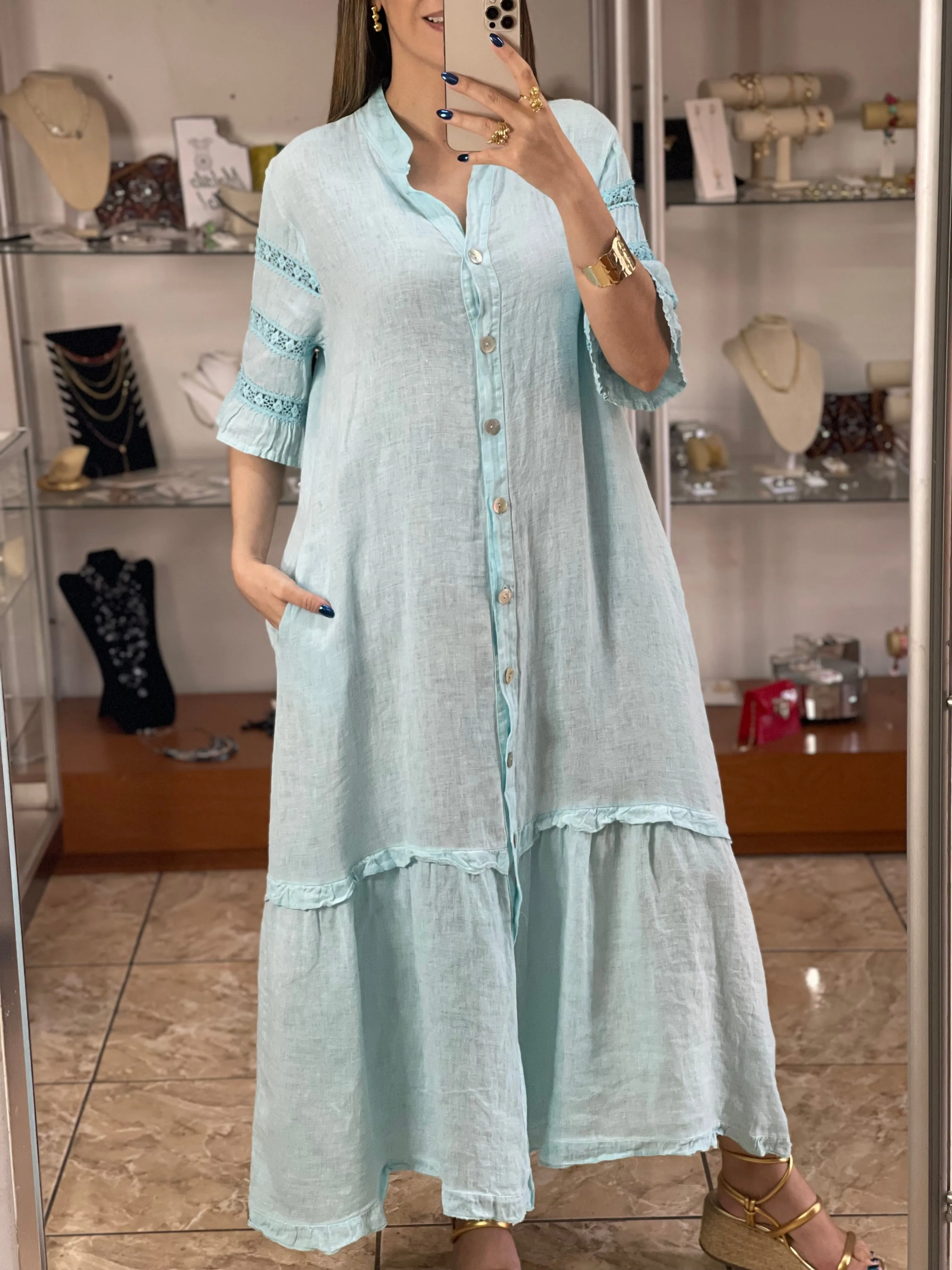 Sleeves Details Linen Maxi Dress