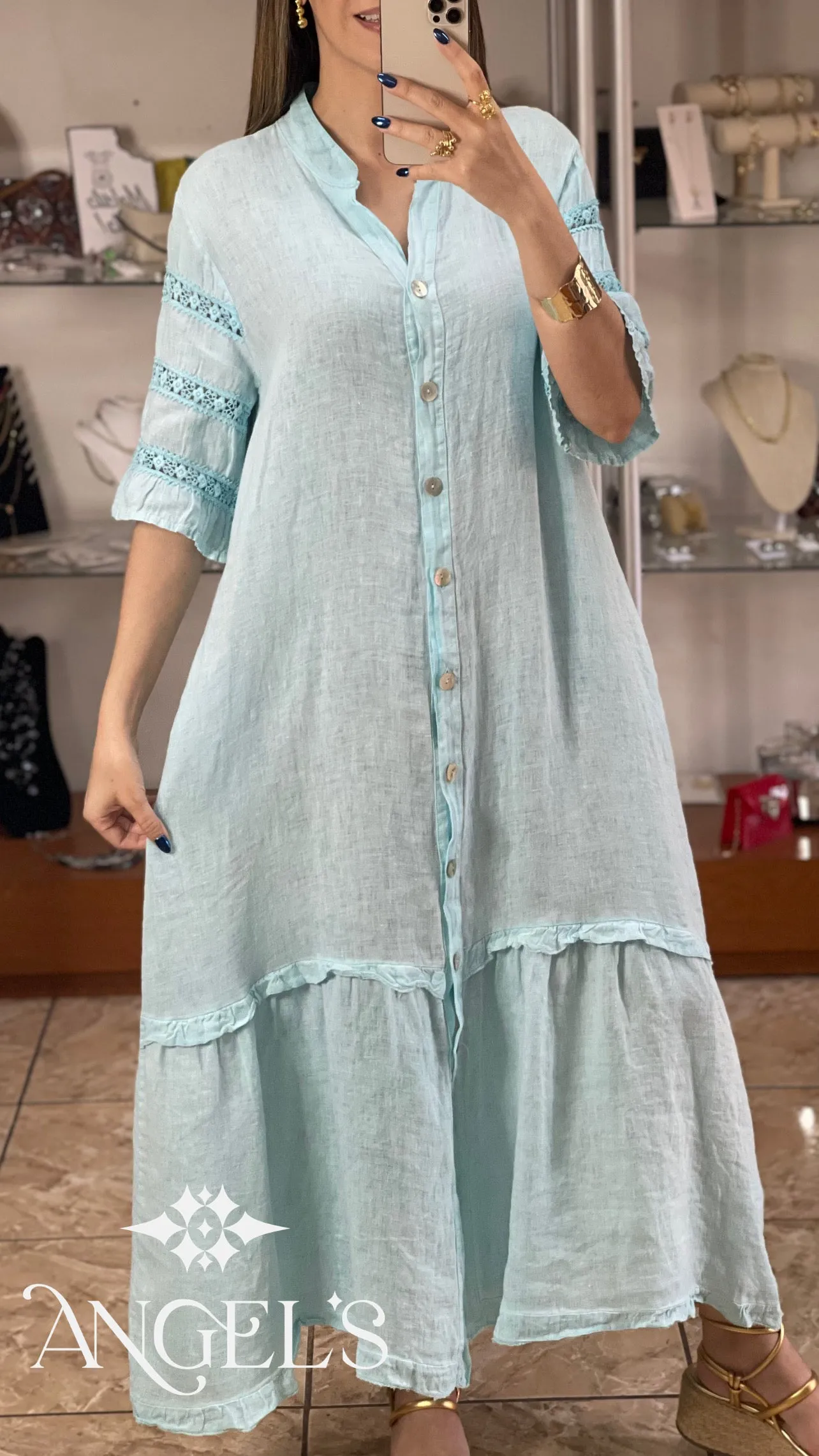 Sleeves Details Linen Maxi Dress