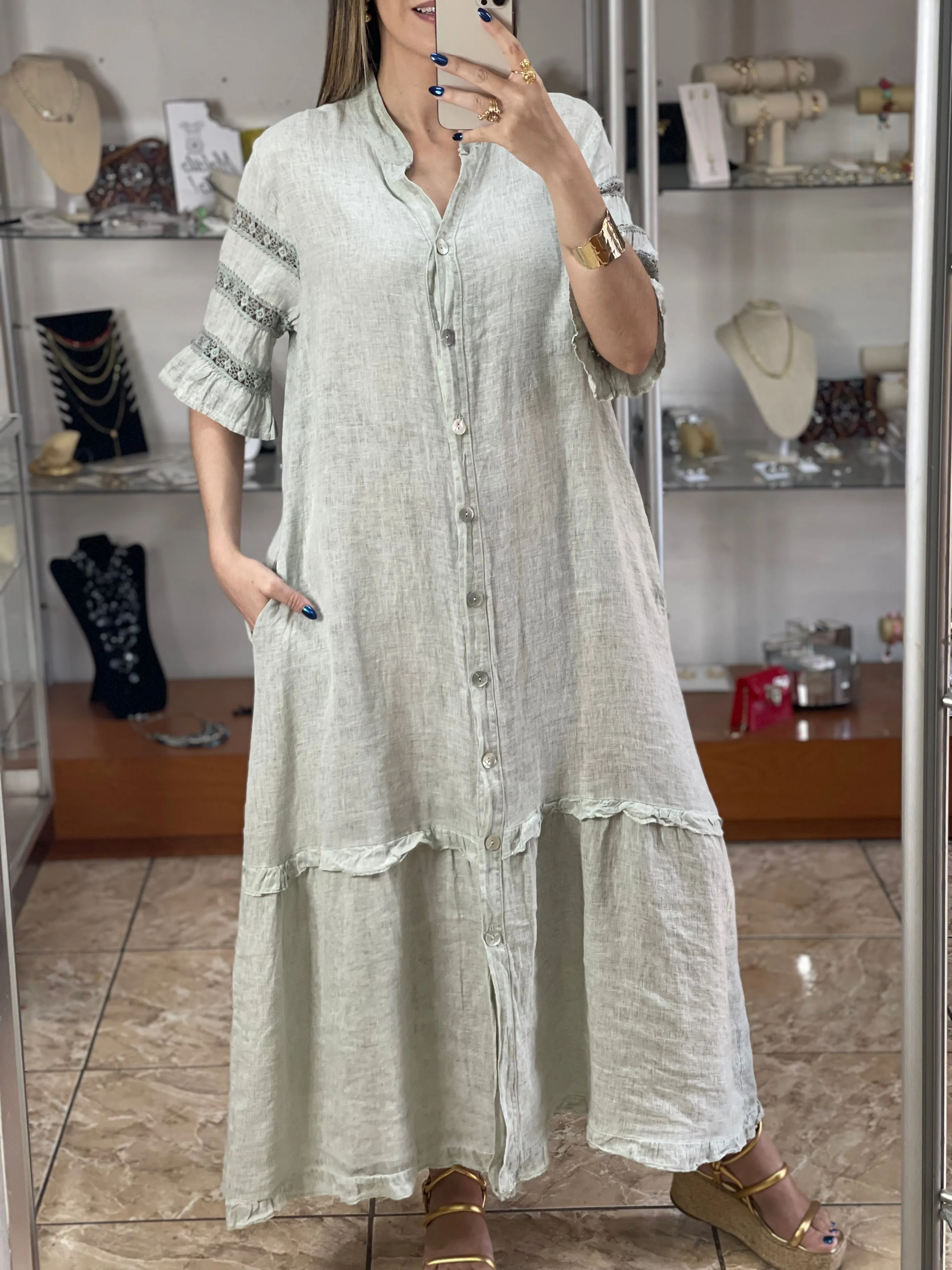 Sleeves Details Linen Maxi Dress
