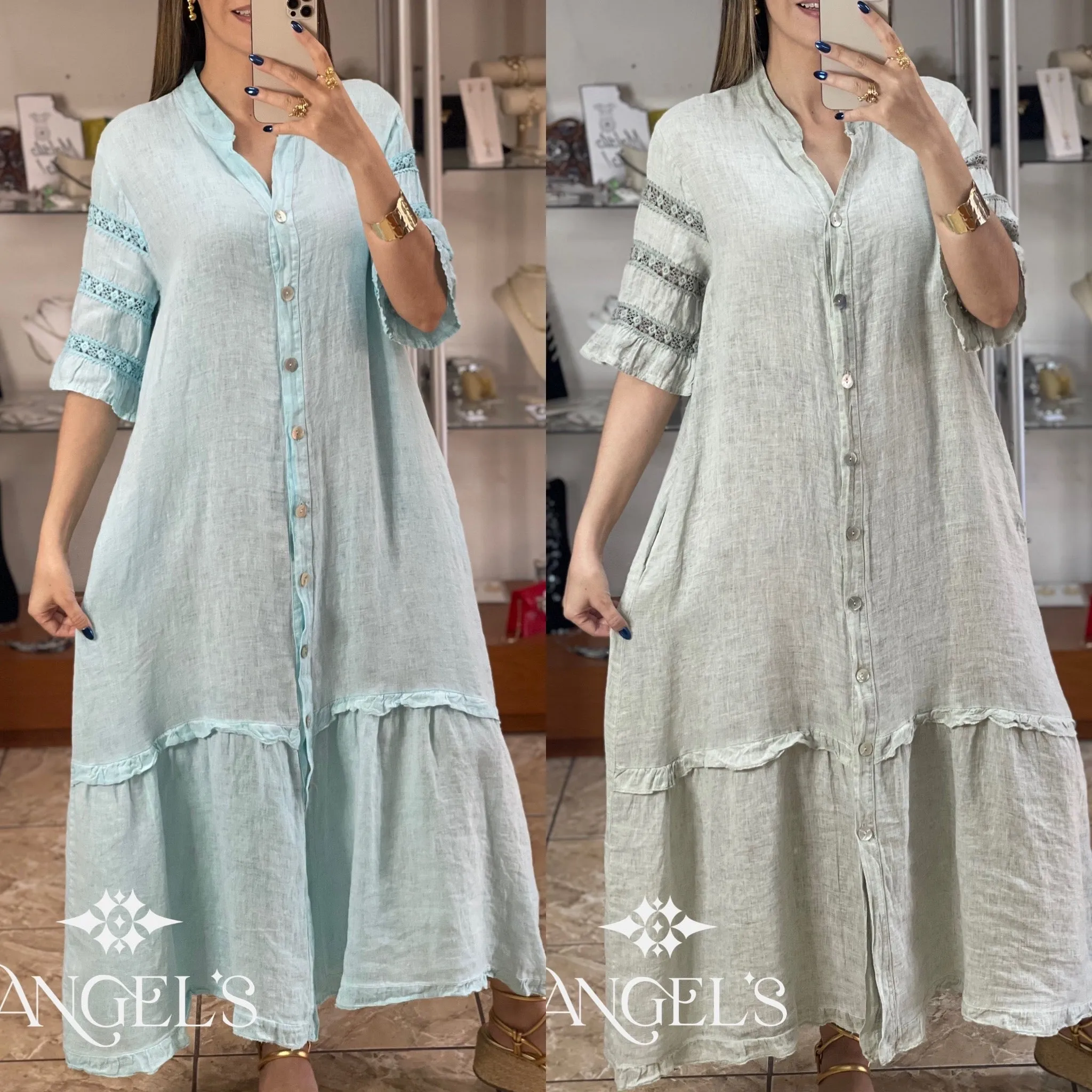 Sleeves Details Linen Maxi Dress