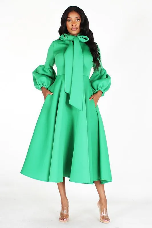 Solid Bow Tie, Puff Sleeve, Midi Dress