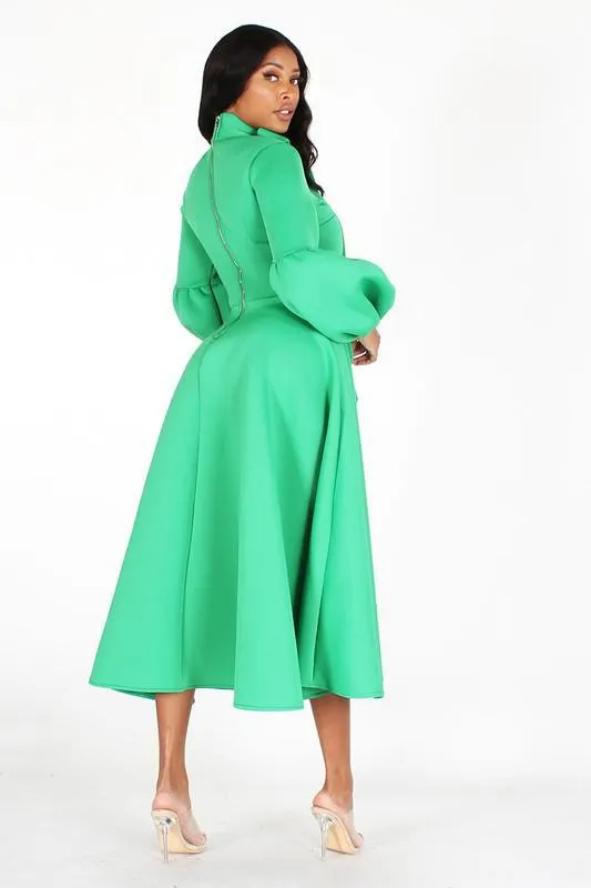 Solid Bow Tie, Puff Sleeve, Midi Dress