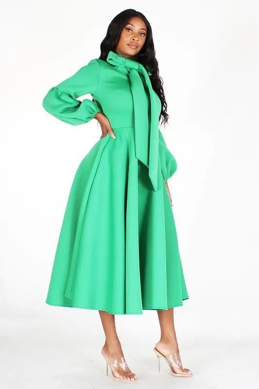 Solid Bow Tie, Puff Sleeve, Midi Dress