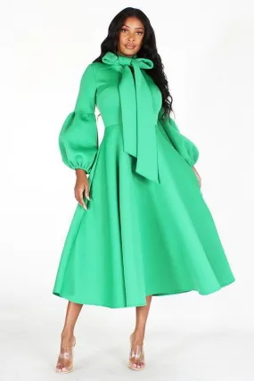 Solid Bow Tie, Puff Sleeve, Midi Dress