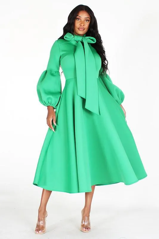 Solid Bow Tie, Puff Sleeve, Midi Dress