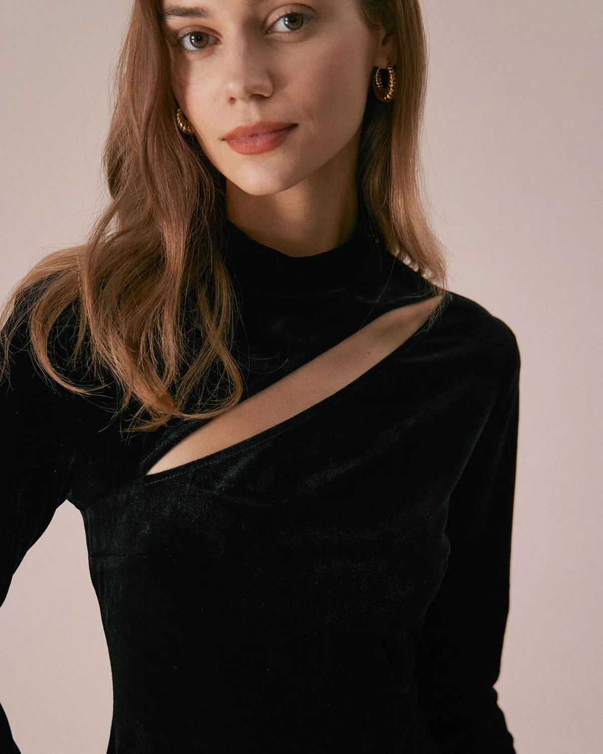 The Black Mock Neck Velvet Slit Maxi Dress