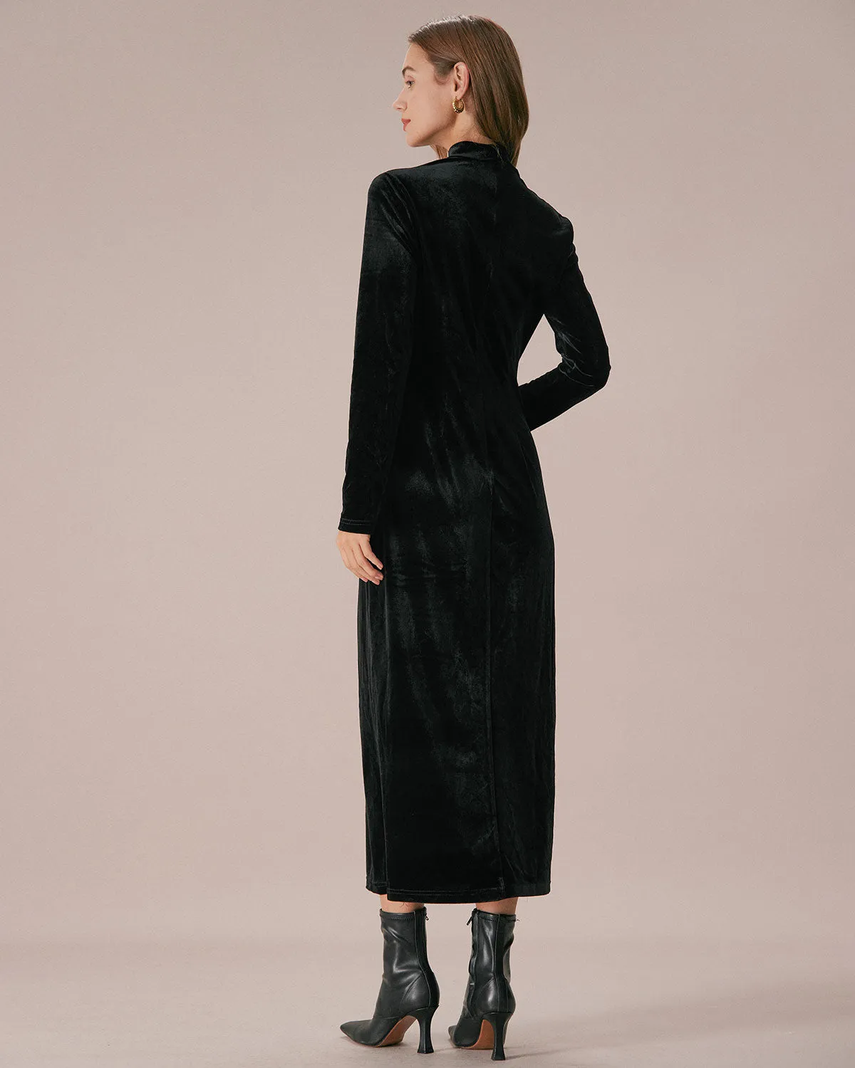The Black Mock Neck Velvet Slit Maxi Dress