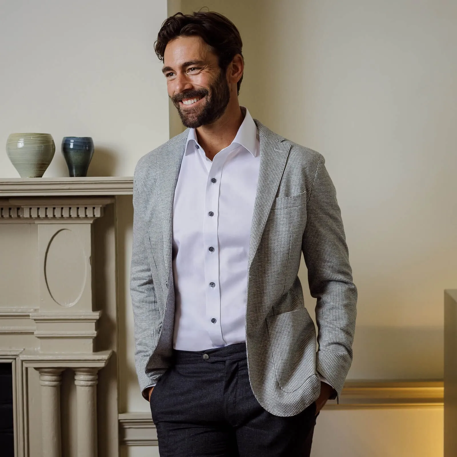 The White Madison Fine Twill with Smoke Buttons Custom Shirt
