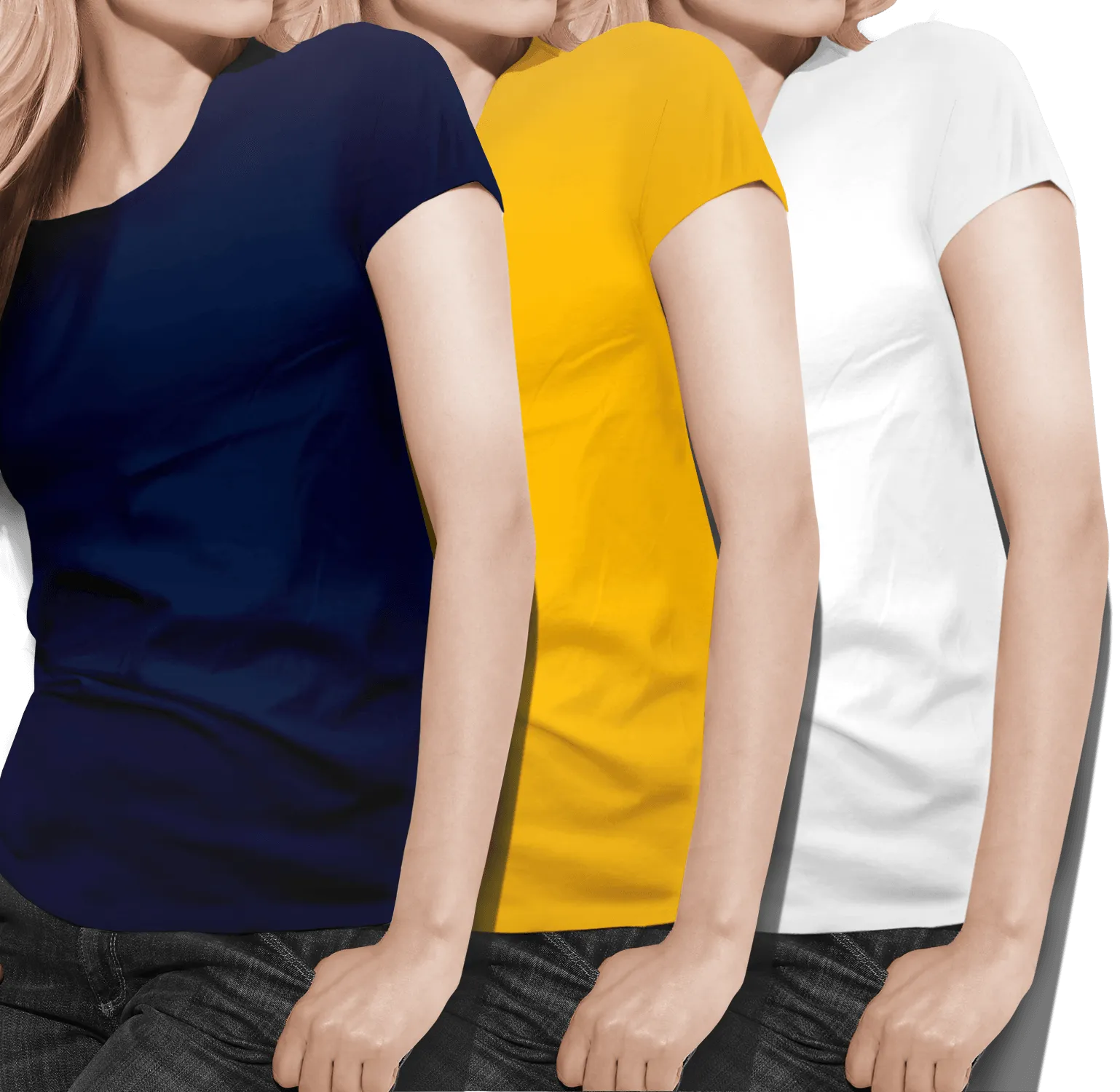 Women's round neck Navy/Mustard/White Value pack